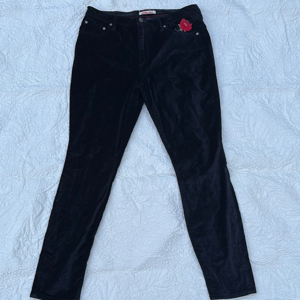Johnny Was Pants Womens 32 Skinny Velvet Embroidered Black Stretch Rose Floral